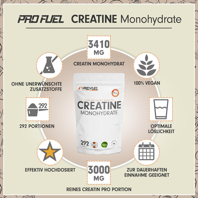 Creatine Monohydrate Powder 1 kg / 1000 g Pure Creatine Monohydrate in Micronised Quality - Creatine Monohydrate with 3000 mg Creatine per Day - Creatine Powder 100% Vegan - Supply for 292 Days