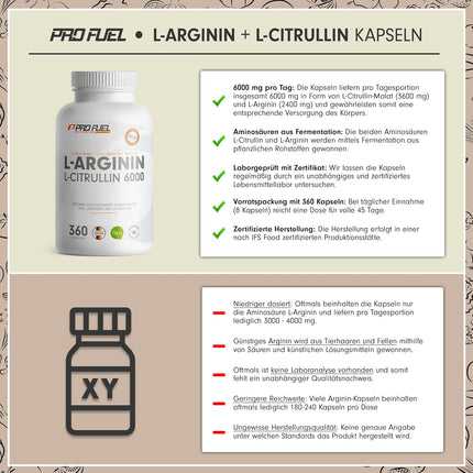 L-Arginine + L-Citrulline Malate Capsules 360x - Optimal High Dose with 6000 mg per Day from L-Arginine (2400 mg) + L-Citrulline Malate (3600 mg) - Laboratory Tested with Certificate - Vegan