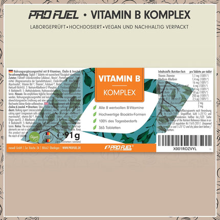 Vitamin B Complex 365 Tablets - B Complex with B12 - All 8 B Vitamins (B1, B2, B3, B5, B6, B7, B9, B12) + Co-Factors Choline & Myo-Inositol, Laboratory Tested with Certificate, Vegan