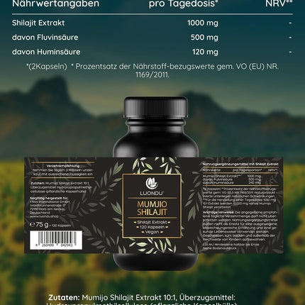 Mumijo Shilajit Capsules, High Dose 1000 mg per Daily Dose, The Original from the Himalayas, 120 Capsules, Vegan & Laboratory Tested Luondu - Packaging May Vary