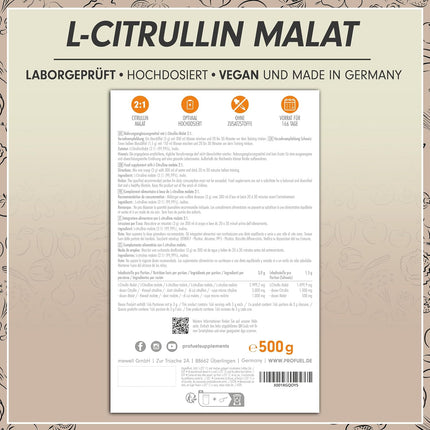 L-Citrulline Malate - 500 g Powder with 3000 mg L-Citrulline Malate 2:1 per Serving - Storage Pack for 166 Applications - No Additives - Laboratory Tested with Certificate