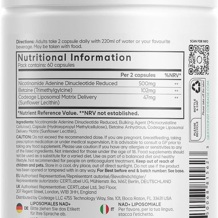 Codeage Liposomal Nad+ 500 mg Nicotinamide Adenine Dinucleotide Reduced + Trimethylglycine Vegan Dietary Supplement GM Free Liposomal Administration 60 Capsules