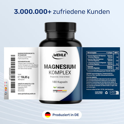 Magnesium complex. 375mg elementary magnesium per daily dose. Magnesium bisglycinate Magnesium citrate Magnesium alate, high dosage, vegan