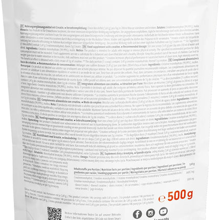 Creatine Monohydrate Powder 500 g - Creatine Monohydrate in Micronised Quality - Creatine Monohydrate Optimal High Dose - Laboratory Tested with Certificate - 100% Vegan - for 146 Applications