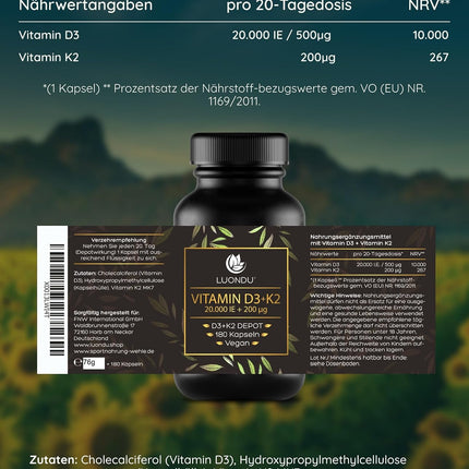 Luondu Vitamin D3, 20,000 IU + Vitamin K2 MK7, 200 mcg Depot (180 Capsules High Dose and Vegan) Vitamin D3 K2 Capsules, High Dosage, One Capsule Every 20 Days, No Additives, Made in Germany
