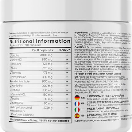 Codeage Multi Amino+ Bcaa & Eaa Supplement, All 9 Essential Amino Acids, Branched Chain Amino Acid Pills in Free Form, Before and After Training, Liposomal Administration, Vegan, 240 Capsules