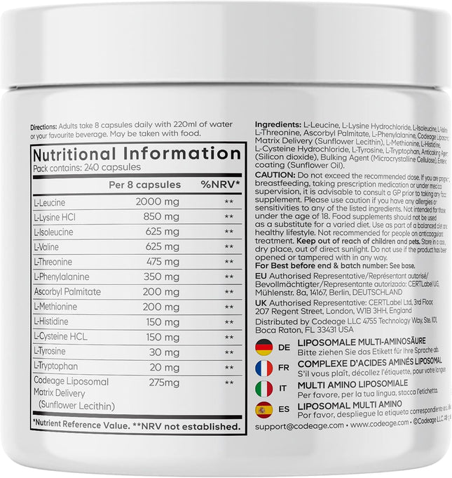 Codeage Multi Amino+ Bcaa & Eaa Supplement, All 9 Essential Amino Acids, Branched Chain Amino Acid Pills in Free Form, Before and After Training, Liposomal Administration, Vegan, 240 Capsules