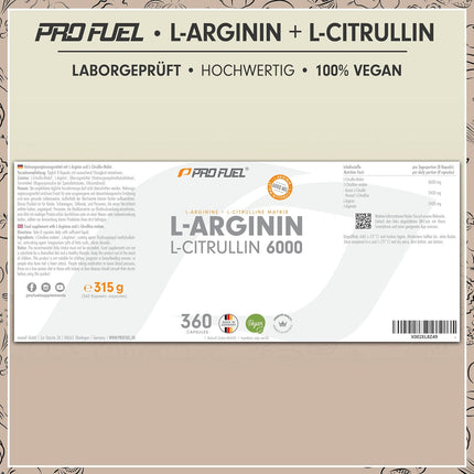 L-Arginine + L-Citrulline Malate Capsules 360x - Optimal High Dose with 6000 mg per Day from L-Arginine (2400 mg) + L-Citrulline Malate (3600 mg) - Laboratory Tested with Certificate - Vegan