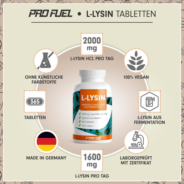 L-lysine tablets 365x - optimally high dose with 2000 mg lysine HCL per day, of which 1600 mg pure L-lysine - essential amino acid from fermentation - 100% vegan - laboratory tested with certificate