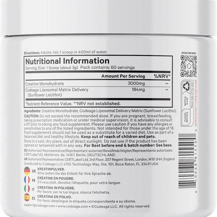 Codeage Liposomal Creatine Monohydrate Powder - 3000 mg Per Serving, Tasteless, 60 Servings - Dietary Supplement Before and After Training - 2 Month Supply