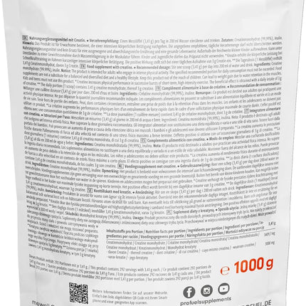 Creatine Monohydrate Powder 1 kg / 1000 g Pure Creatine Monohydrate in Micronised Quality - Creatine Monohydrate with 3000 mg Creatine per Day - Creatine Powder 100% Vegan - Supply for 292 Days