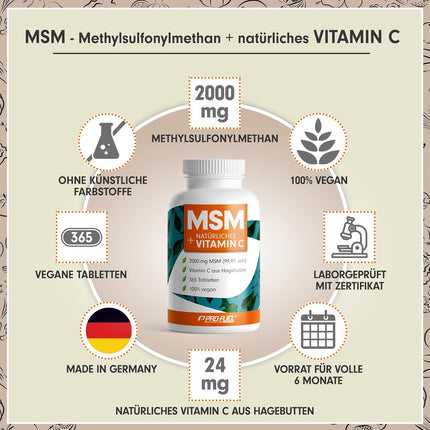 MSM 2000 mg per day + natural vitamin C - 365 MSM tablets with methylsulfonylmethane - more compact MSM powder than MSM capsules - high dose with 1000 mg per MSM tab - laboratory tested with certificate