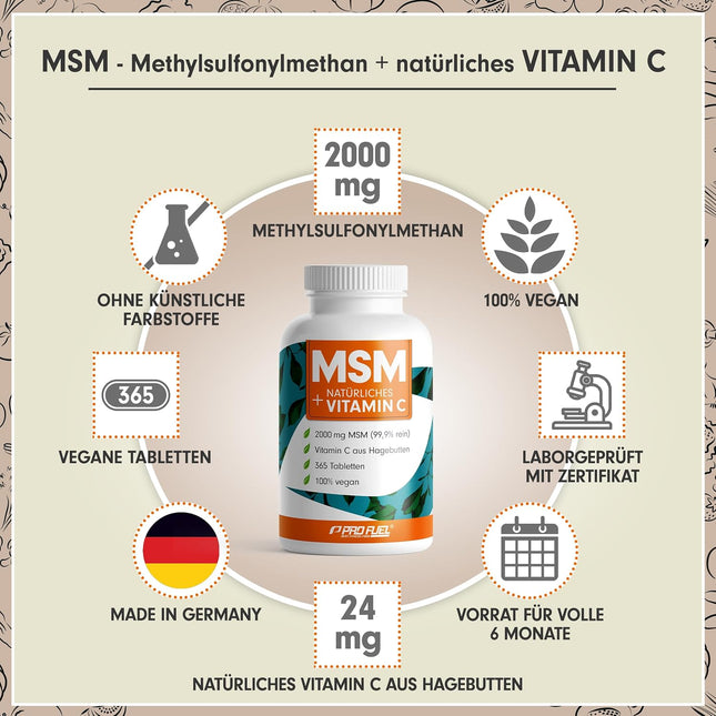 MSM 2000 mg per day + natural vitamin C - 365 MSM tablets with methylsulfonylmethane - more compact MSM powder than MSM capsules - high dose with 1000 mg per MSM tab - laboratory tested with certificate
