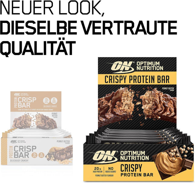 Optimum Nutrition Protein Crisp Bar with Whey Protein Isolate, Low Carb High Protein Snacks with No Added Sugar, Peanut Butter, 10 Bar (10 x 65g)
