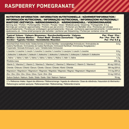 Optimum Nutrition Gold Standard BCAA Powder Branch Chain Amino Acids Supplement with Vitamin C, Wellmune and Electrolytes for Intra Workout Support, Raspberry and Pomegranate, 28 Servings, 266g