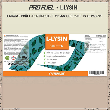 L-lysine tablets 365x - optimally high dose with 2000 mg lysine HCL per day, of which 1600 mg pure L-lysine - essential amino acid from fermentation - 100% vegan - laboratory tested with certificate