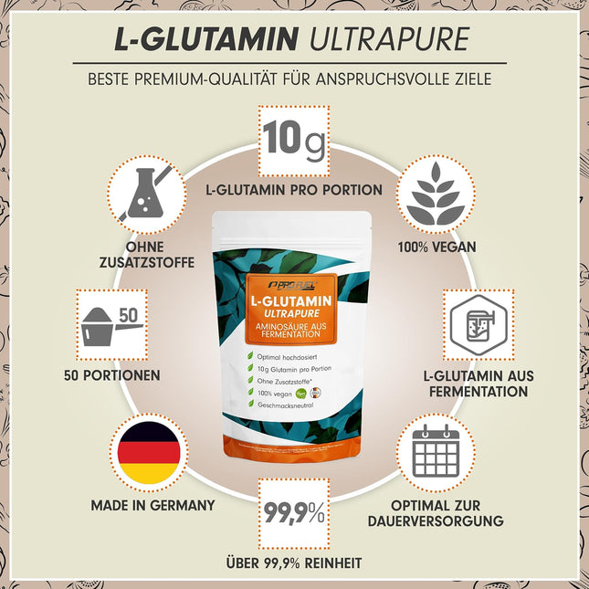 ProFuel L-Glutamine Powder 500 g Vegan, Optimal High Dose & Tasteless, No Additives, Ultrapure with Over 99.9% Purity, L-Glutamine from Fermentation, Laboratory Tested, Supply for 50 Days