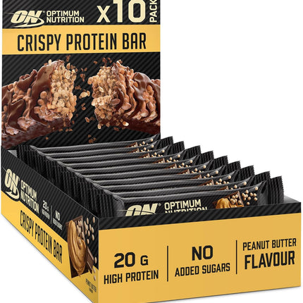 Optimum Nutrition Protein Crisp Bar with Whey Protein Isolate, Low Carb High Protein Snacks with No Added Sugar, Peanut Butter, 10 Bar (10 x 65g)