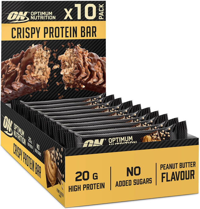 Optimum Nutrition Protein Crisp Bar with Whey Protein Isolate, Low Carb High Protein Snacks with No Added Sugar, Peanut Butter, 10 Bar (10 x 65g)