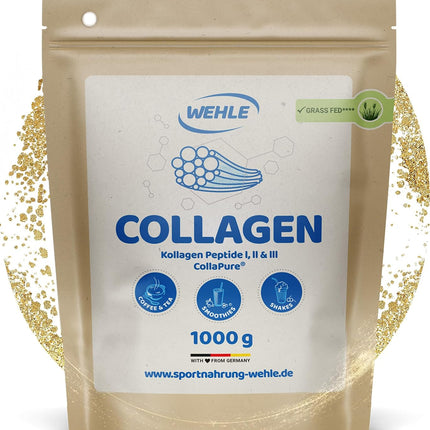 Collagen Powder 1 kg – Collagen Hydrolysate Peptides Type I, II & III – Flavorless Protein Powder – Made in Germany – Wehle Sports (1000g (1 pack)) - Packaging may vary.