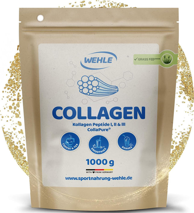 Collagen Powder 1 kg – Collagen Hydrolysate Peptides Type I, II & III – Flavorless Protein Powder – Made in Germany – Wehle Sports (1000g (1 pack)) - Packaging may vary.
