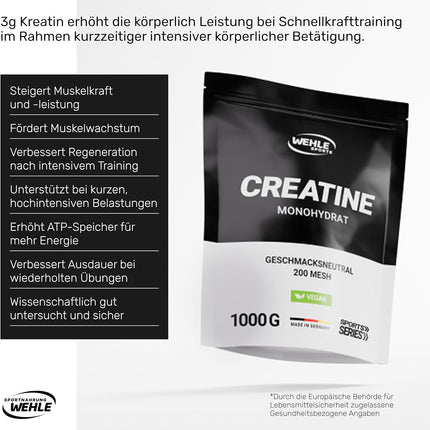 Creatine Monohydrate 1 kg Powder - Pure Creatine, Micronised Quality Mesh 200, High Dose, 100% Vegan - Wehle Sports (1000g) - Packaging May Vary