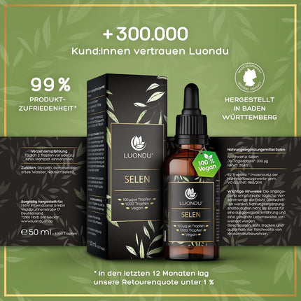 Luondu Selenium Drops, 200 μg High Dose, 50 ml, Vegan, 100 μg Selenium per 2 Drops, Sodium Selenite with Highest Bioactivity Produced and Laboratory Tested in Germany