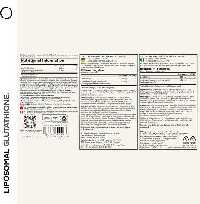 Codeage Liposomal Glutathione Preparation - Pure Reduced Setria L-Glutathione Skin Preparation Nano Encapsulated Glutathione Powder Pills Phospholipids Antioxidant Complex Vegan, GMO Free, 60 Capsules