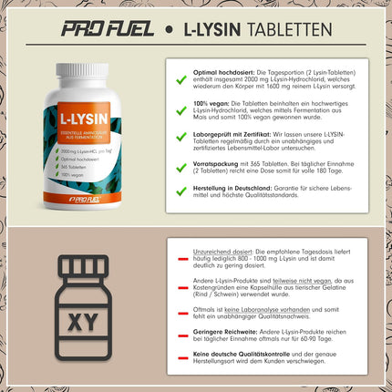 L-lysine tablets 365x - optimally high dose with 2000 mg lysine HCL per day, of which 1600 mg pure L-lysine - essential amino acid from fermentation - 100% vegan - laboratory tested with certificate
