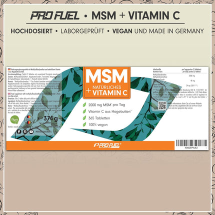 MSM 2000 mg per day + natural vitamin C - 365 MSM tablets with methylsulfonylmethane - more compact MSM powder than MSM capsules - high dose with 1000 mg per MSM tab - laboratory tested with certificate