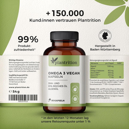 Vegan Omega-3 capsules made of micro-algae oil. 1875 mg premium Omegavie® algae oil with DHA and EPA per daily dose. 90 capsules. High dosage, high bioavailability, vegan.