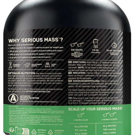 Optimum Nutrition Serious Mass Protein Powder High Calorie Mass Gainer with Vitamins, Creatine and Glutamine, Chocolate, 8 Servings, 2.73kg, packaging may vary