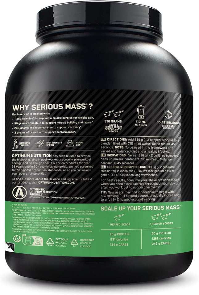 Optimum Nutrition Serious Mass Protein Powder High Calorie Mass Gainer with Vitamins, Creatine and Glutamine, Chocolate, 8 Servings, 2.73kg, packaging may vary