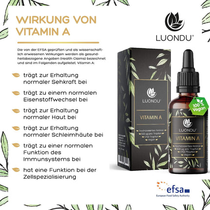 Luondu Vitamin A Drops High Dose - 5,000 IU / 1,500 μg per Daily Dose - 50 ml (1,700 Drops) - Vegan - Retinyl Palmitate