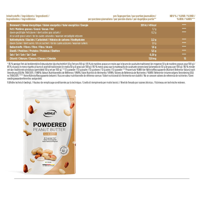 Peanut Butter Light Powder 500 g - Powdered Peanut Butter 85% Less Fat, No Sugar I Peanut Cream with Delicious Flavour, Wehle Sports - Packaging May Vary