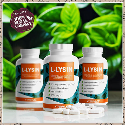 L-lysine tablets 365x - optimally high dose with 2000 mg lysine HCL per day, of which 1600 mg pure L-lysine - essential amino acid from fermentation - 100% vegan - laboratory tested with certificate
