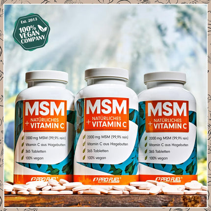 MSM 2000 mg per day + natural vitamin C - 365 MSM tablets with methylsulfonylmethane - more compact MSM powder than MSM capsules - high dose with 1000 mg per MSM tab - laboratory tested with certificate