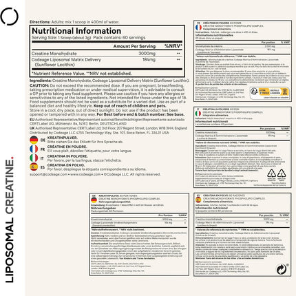 Codeage Liposomal Creatine Monohydrate Powder - 3000 mg Per Serving, Tasteless, 60 Servings - Dietary Supplement Before and After Training - 2 Month Supply