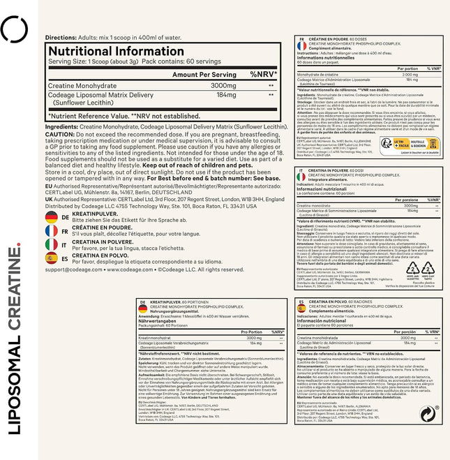 Codeage Liposomal Creatine Monohydrate Powder - 3000 mg Per Serving, Tasteless, 60 Servings - Dietary Supplement Before and After Training - 2 Month Supply