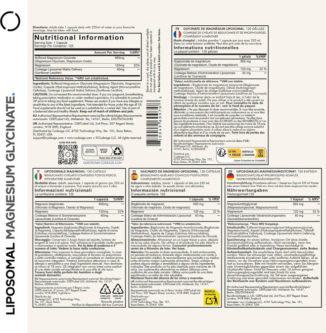 Codeage Liposomal Magnesium Glycinate Supply, 4 Month Supply, Bisglycinate Magnesium Chelate, Chelated Magnesium Mineral Capsules, Bioavailable, GMO Free, Vegan, Gluten Free, 120 Capsules
