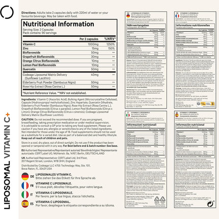 Codeage Liposomal Vitamin C with Zinc, Elderberry, Citrus Bioflavonoid Complex Grapefruit, Lemon, Orange, Quercetin and Rose Hips Vegan, GMO Free, High Dose Daily Supplement, 180 Capsules