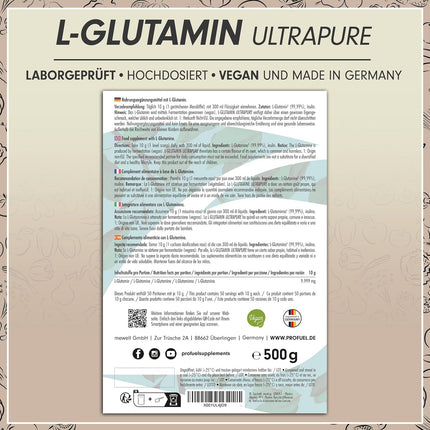 ProFuel L-Glutamine Powder 500 g Vegan, Optimal High Dose & Tasteless, No Additives, Ultrapure with Over 99.9% Purity, L-Glutamine from Fermentation, Laboratory Tested, Supply for 50 Days